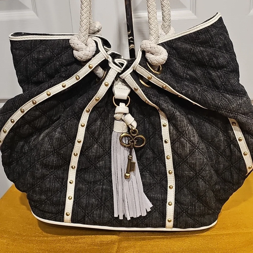 Sharif Quilted Black Denim Fabric & Braided Leather Straps Shoulder Bag NWOT